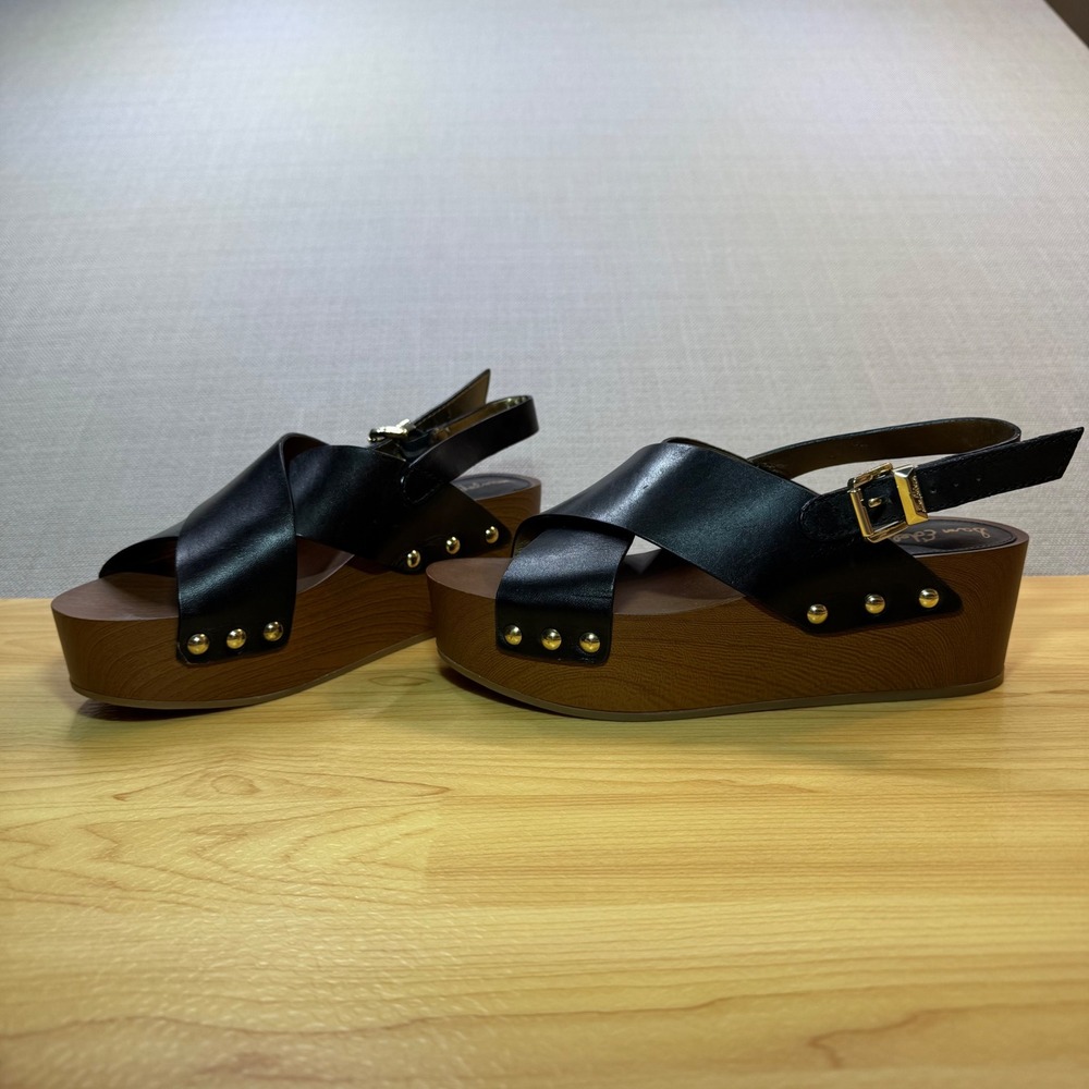Sam Edelman Womens Black Leather Platform Wooden Wedge Sandals Slingback Size 7